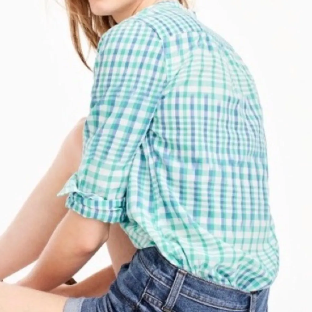 J. CREW Gingham Ikat Popover Shirt Green White Blue Long Sleeve Cotton Preppy 4 - Image 3