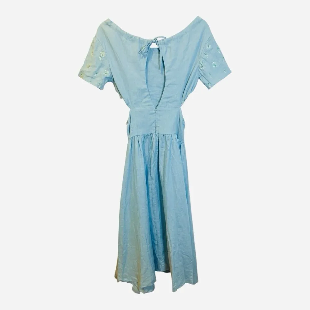 Fanm Mon Tucce Linen Midi Dress Small Baltic Sea Blue Open Sides Keyhole Back - Image 6