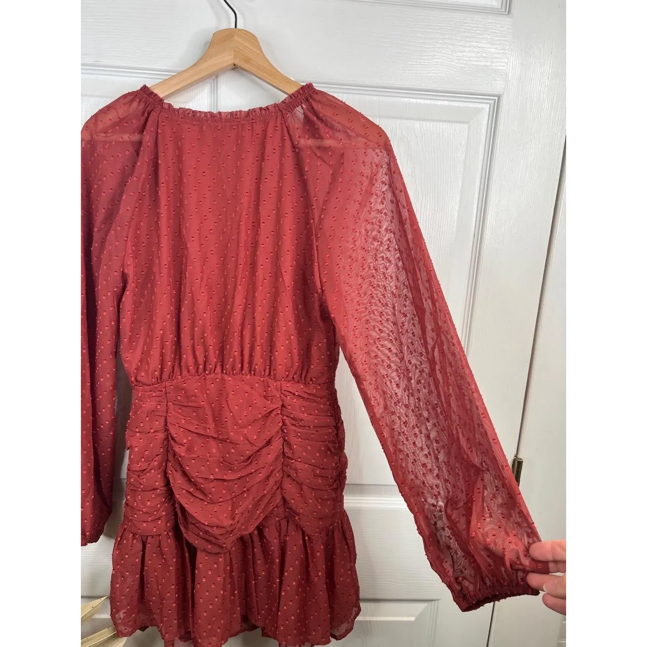 Floret Studios Mini Dress Womens Size S Rust Orange Swiss Dot Ruched Boho V Neck - Image 8