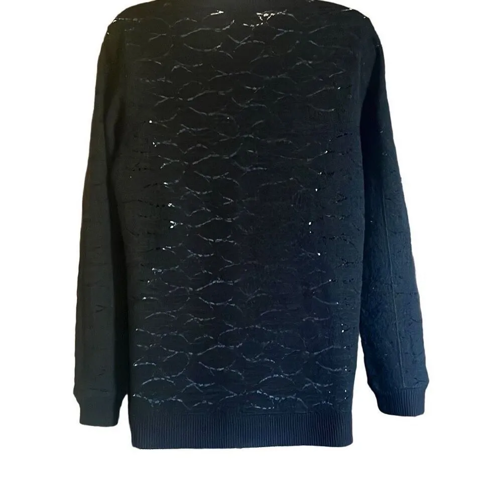 Lucky Brand Sm Black Pullover Crochet Knit Crewneck Sweater Minimalist Stretch - Image 2