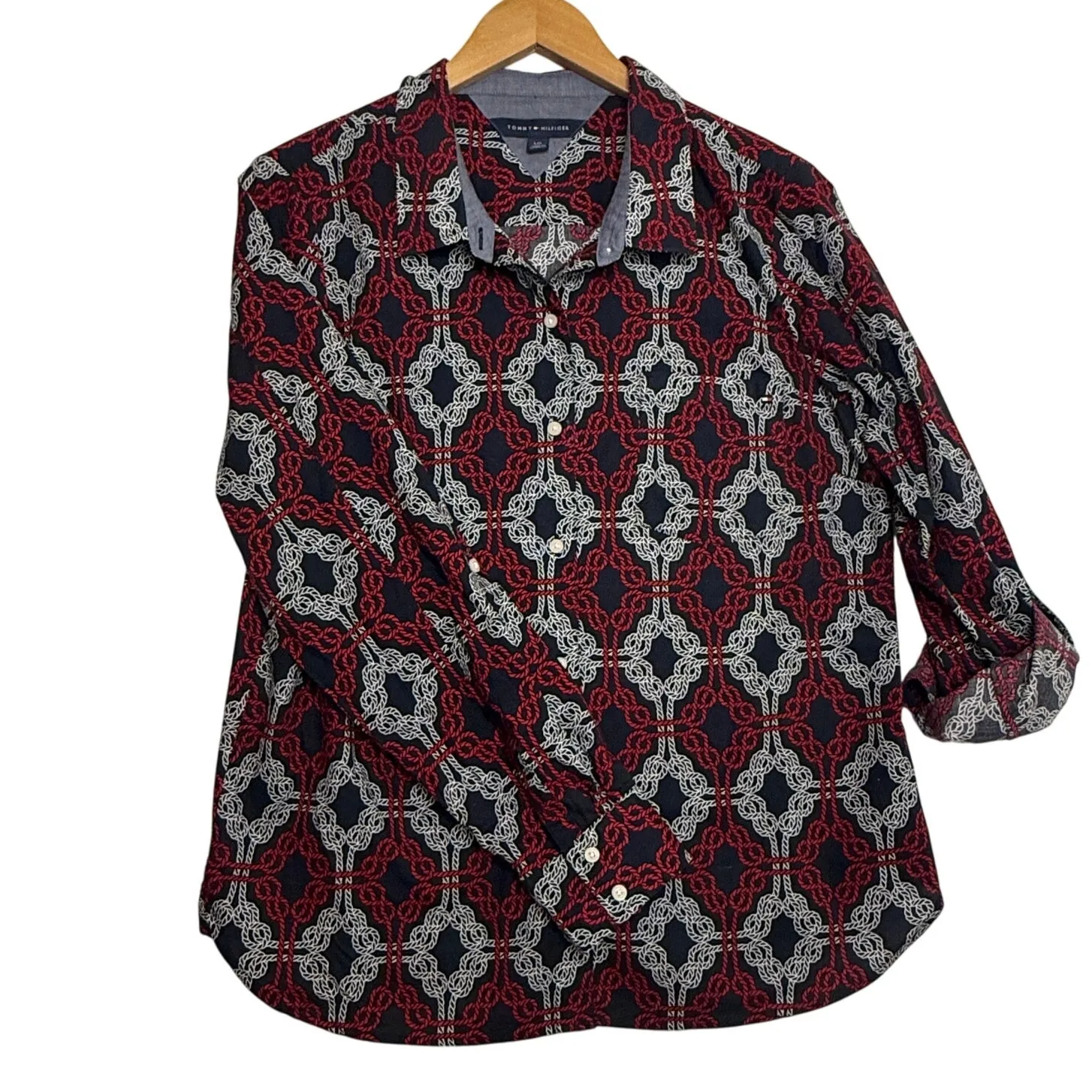 Tommy Hilfiger Abstract Roll Tab Sleeve Cotton Utility Shirt Sz L Preppy Coastal - Image 3