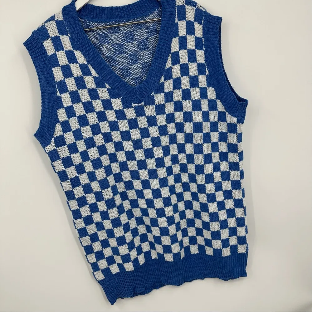 Blue Checkerboard V Neck Sweater Vest Size 1XL Grunge Streetwear Plus Size Boho - Image 2