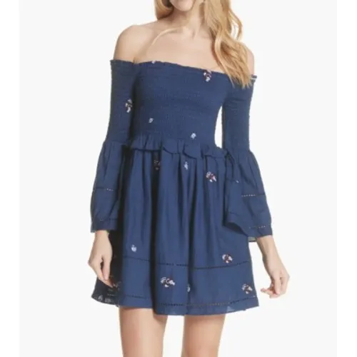 Free People Boho Smocked Dress Navy Off Shoulder Medium - Image 2