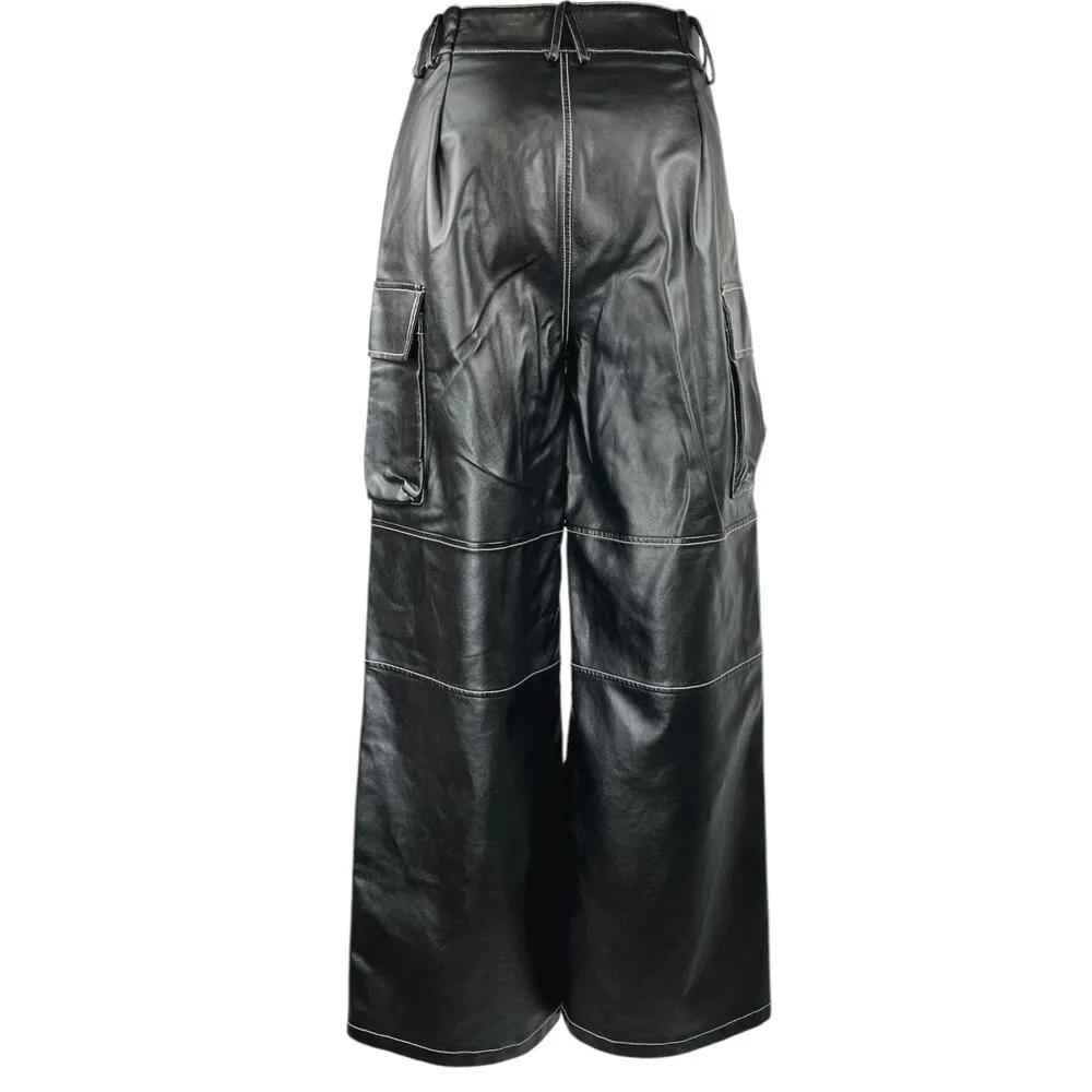 Edikted Women's Black Faux Leather Wide Leg High Waist Cargo Trousers Pants Sz S - Image 3
