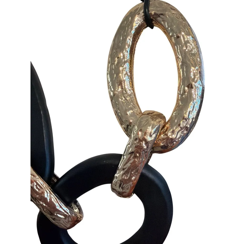 Black Gold Oval Link Statement Necklace Cord Chunky Textured Bold Adj 18" - Image 2