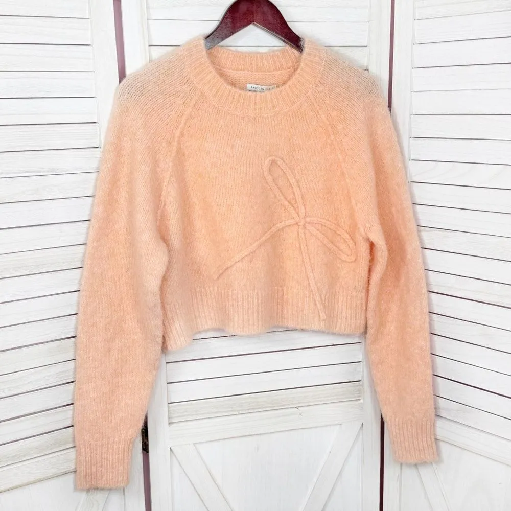 American Eagle Outfitters Cropped Bow Front Sweater Peach Small - Image 9