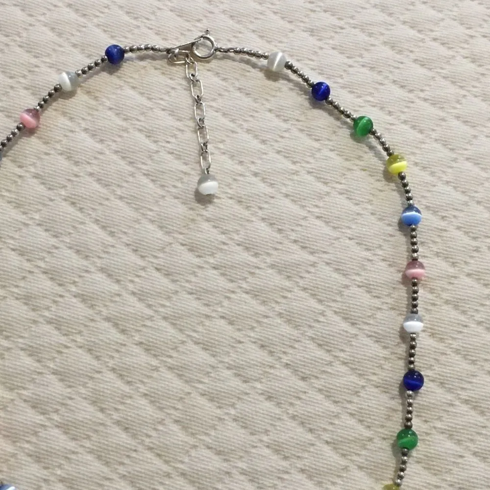 VTG Sterling Silver Multicolor Cats Eye Station Beaded Choker Necklace Extension - Image 11