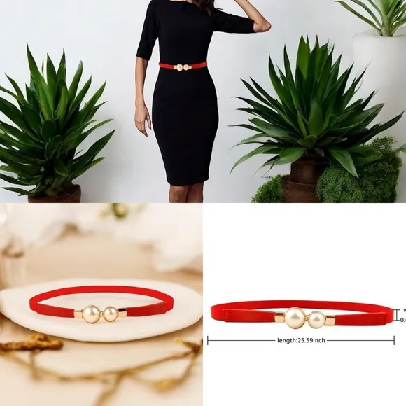 Red & gold pearl‎ belt Imitation Pearl Pair Buckle Thin Belt Monochrome Elastic - Image 2
