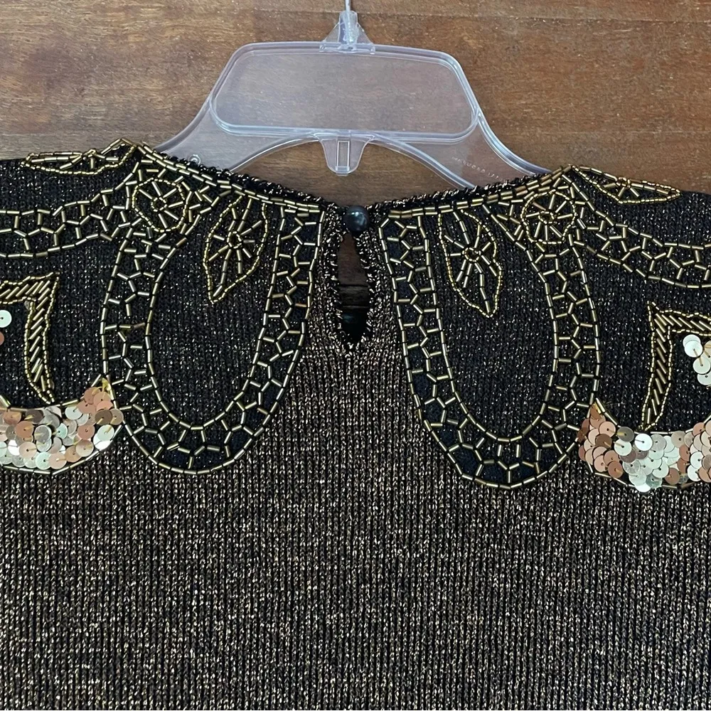 Larisa Vtg Dress Holiday Black Gold Shoulder Pad Sequin Embellished Sweater Size L - Image 5