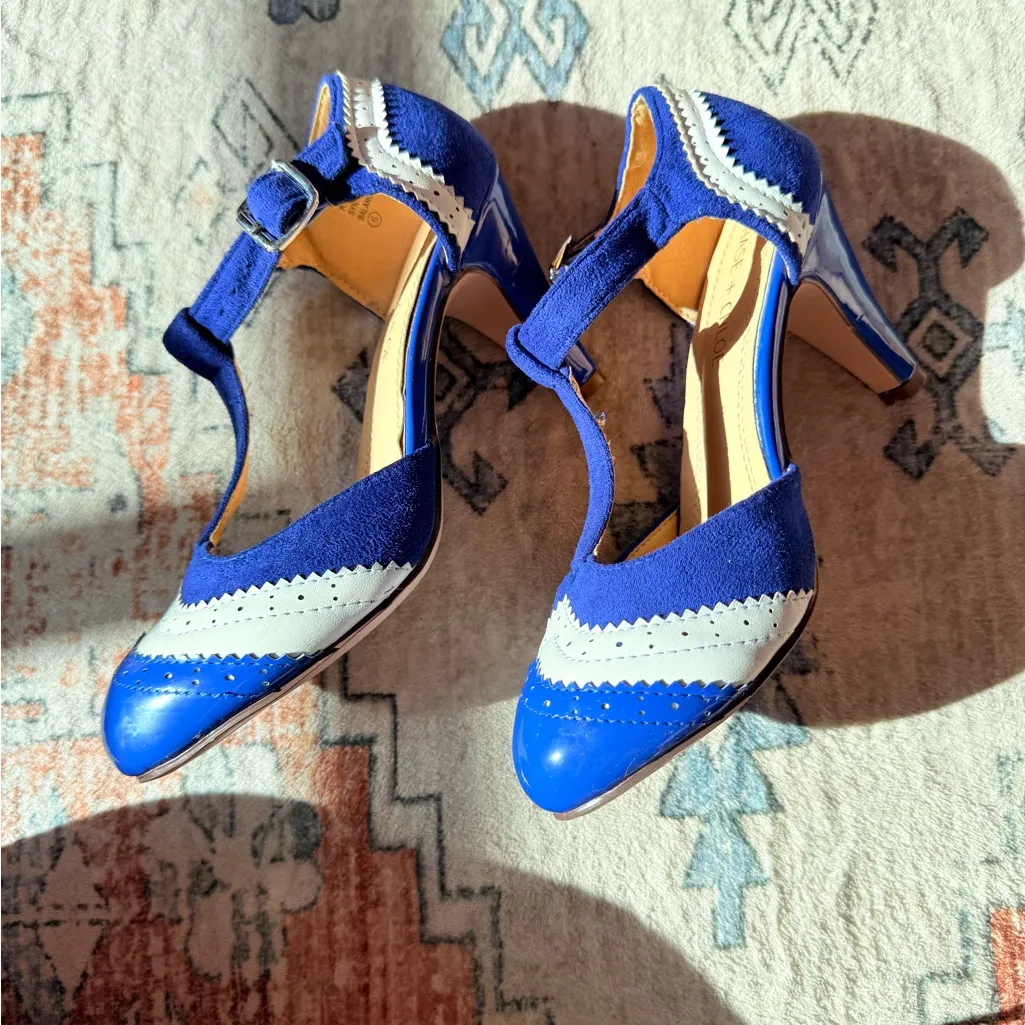 Chase + Chloe Royal Blue and White T-Strap Heels size 6 - Image 5
