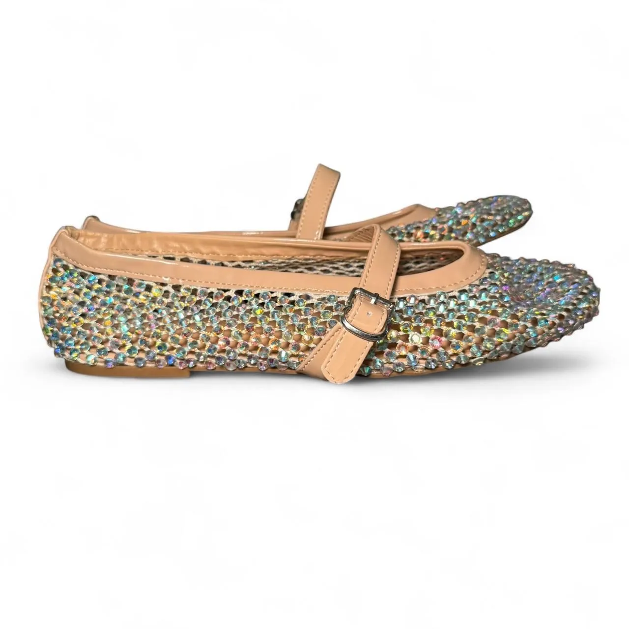 Bamboo Sparkly Mesh Mary Jane Flats Women’s Size 11M Nude Beige Rhinestone Balle - Image 2