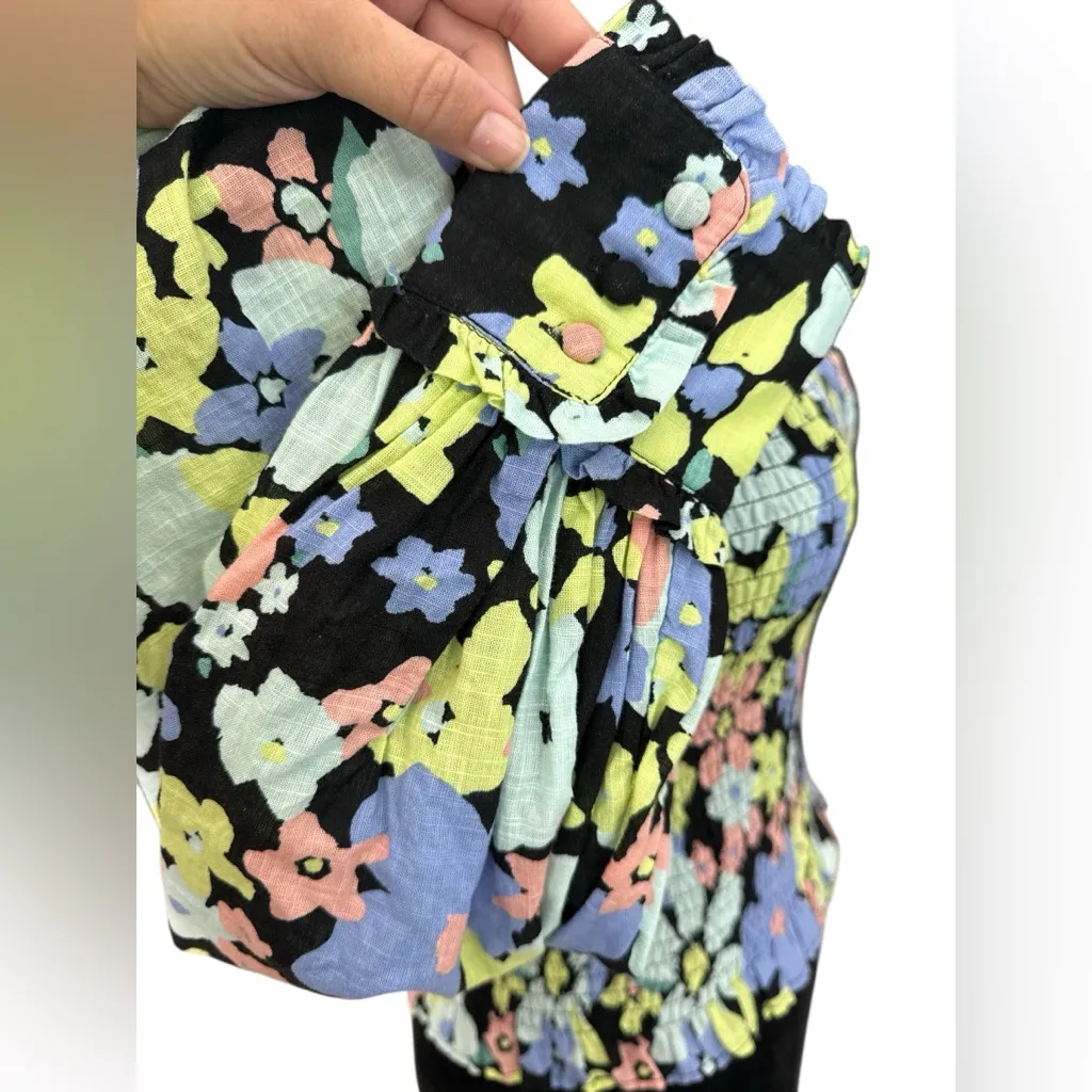 Free People Smocked Floral Puff Sleeve Top XS – Square Neck Black Multicolor - Image 6