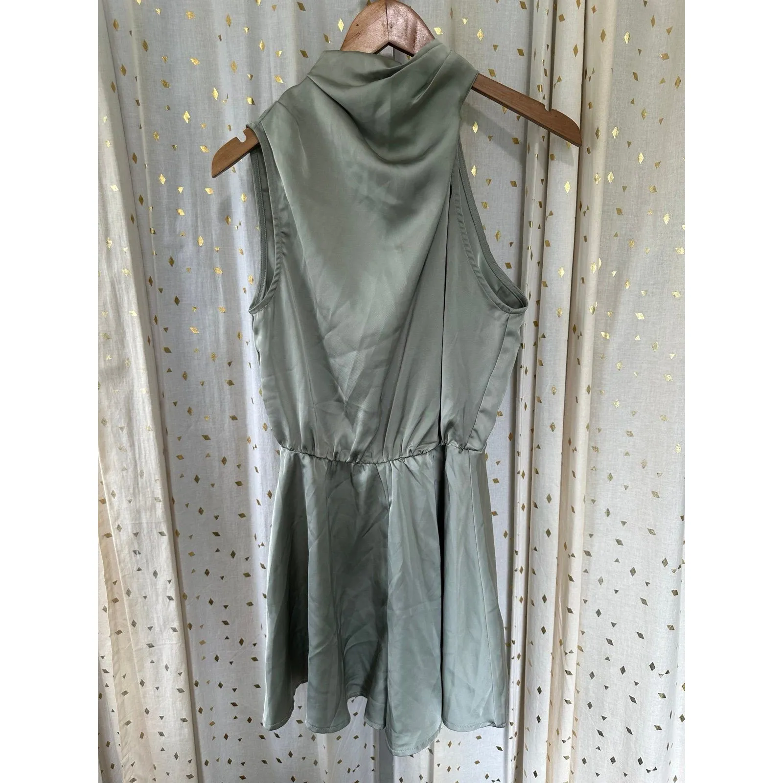 NWT Hello Molly On A Drive Sage High Neck Back Cut Out Satin Romper Playsuit L - Image 5