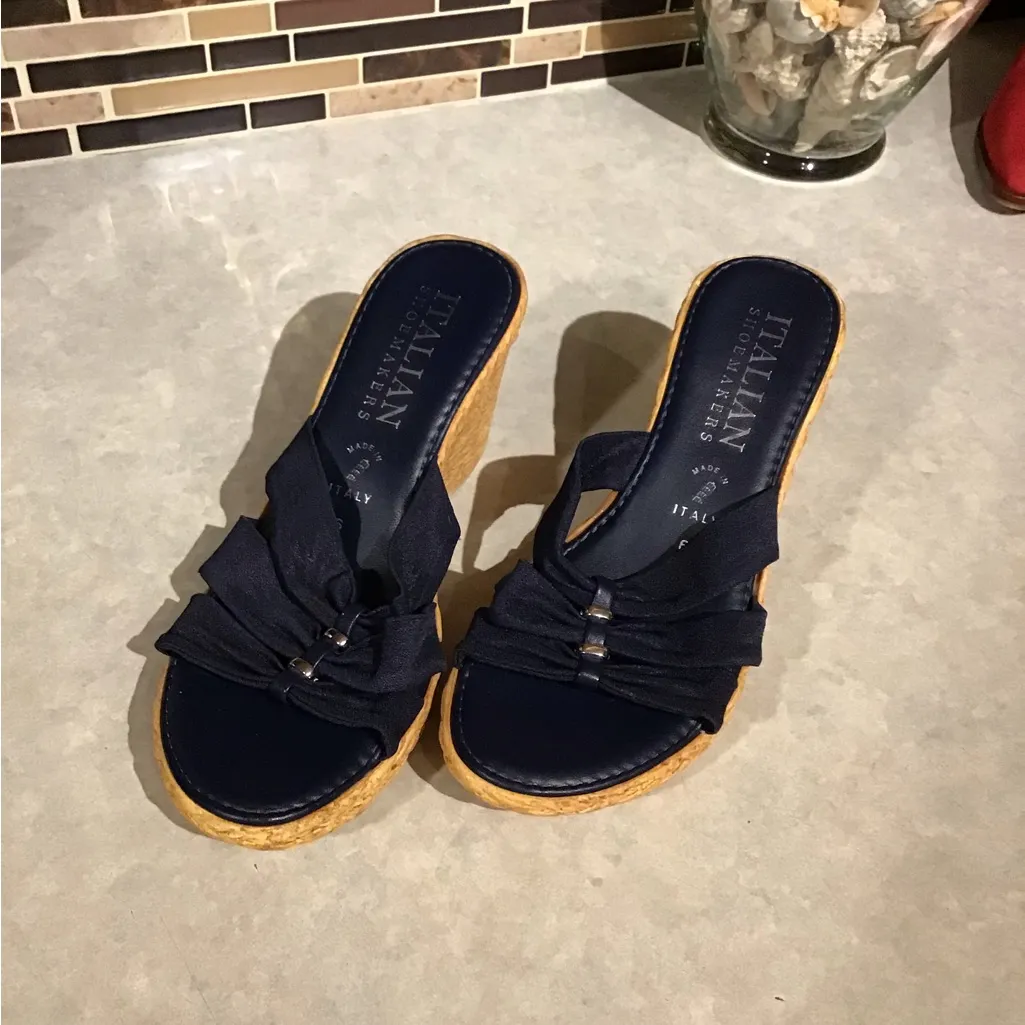 Italian Shoemakers Wedge Open Toe Embellished Sandals Navy Blue Made in Italy 6 - Image 8