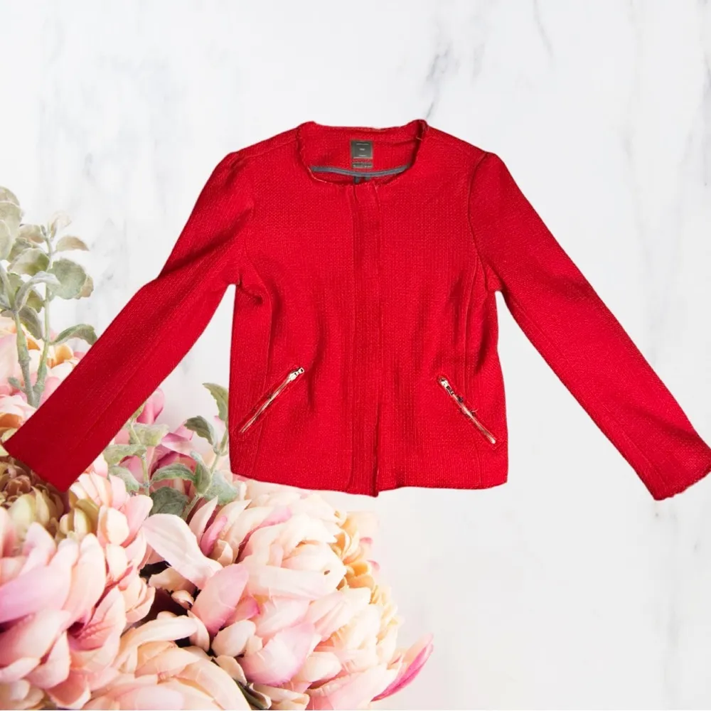 Gap Blazer Jacket Red Tweed Zip-Up Sz Small - Image 2