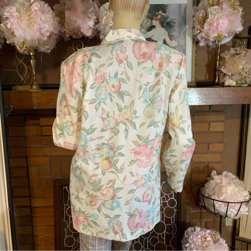 JESSICA SCOTT VINTAGE 1990'S BEIGE, PINK AND BLUE FLORAL PRINT BLAZER (M) Size M - Image 4