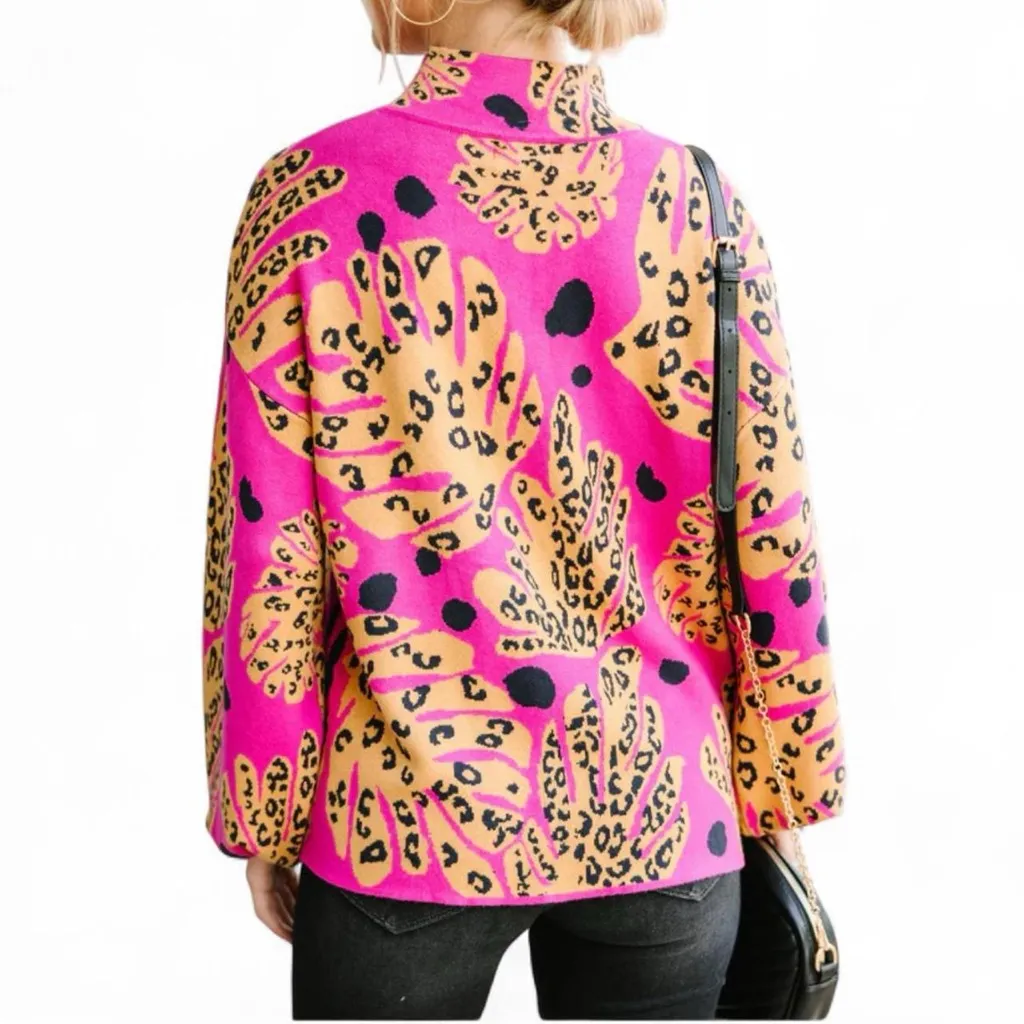 Dance Around It Mixed Print Sweater – Fuchsia Pink, Large 🐆💗 Black - Image 2