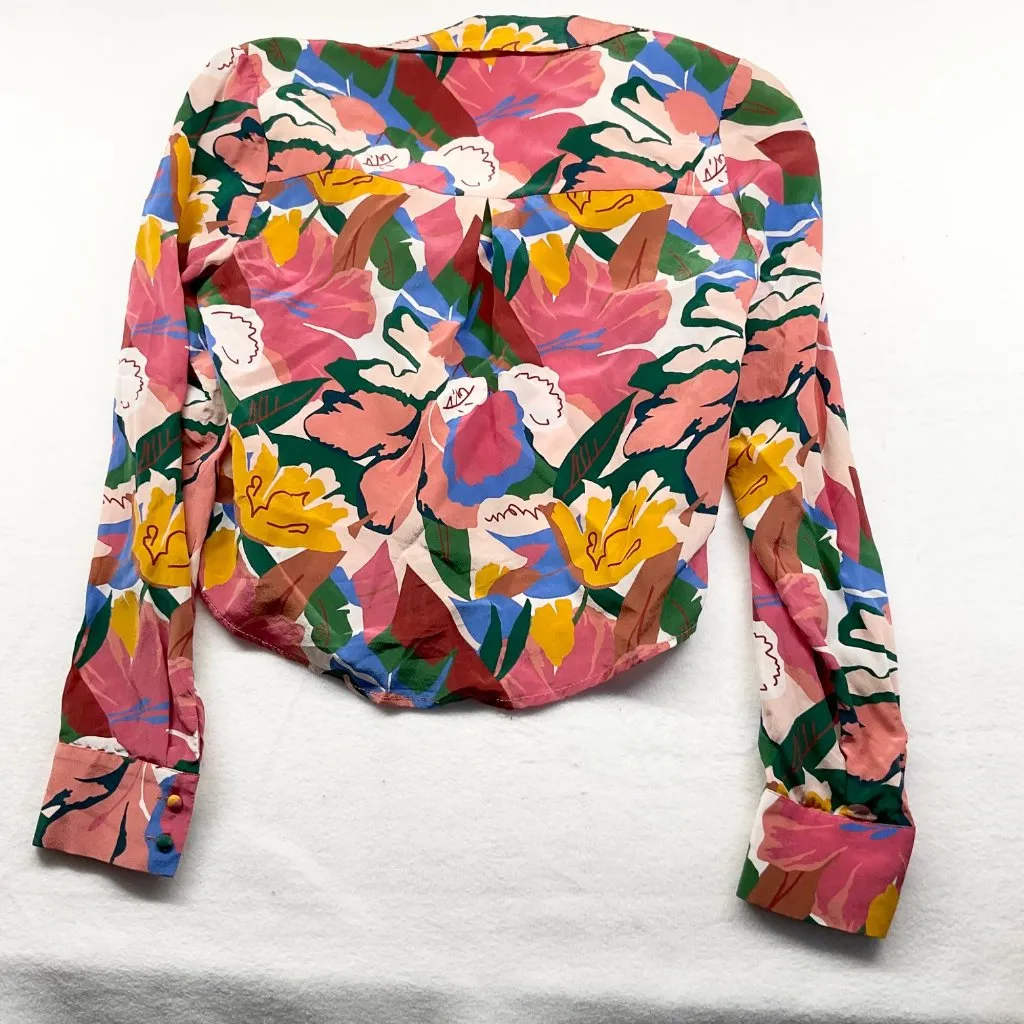 RARE Sezane Florence Shirt Silk blue pink white yellow floral SZ34 bust34 US2 - Image 4