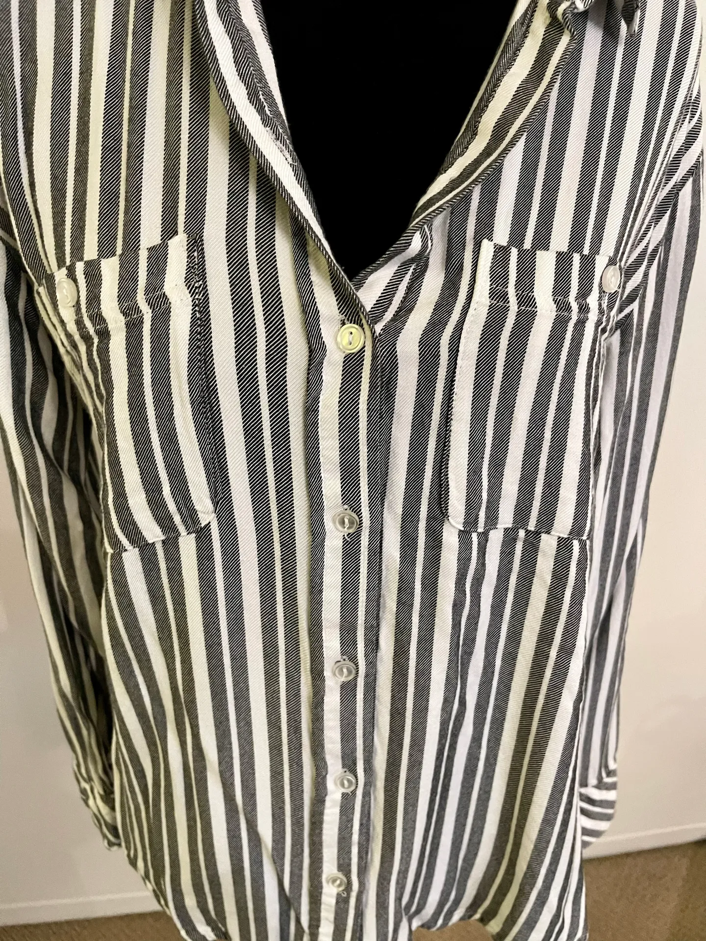 Black White Striped Soft Button Up Shirt Size Medium - Image 3