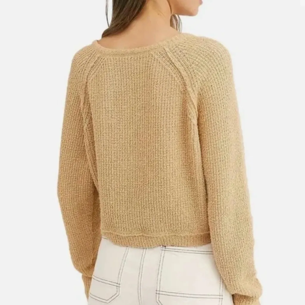 Free People V-Neck High Low‎ Slouchy Cropped Textured Knit Sweater Camel Size XS - Image 5