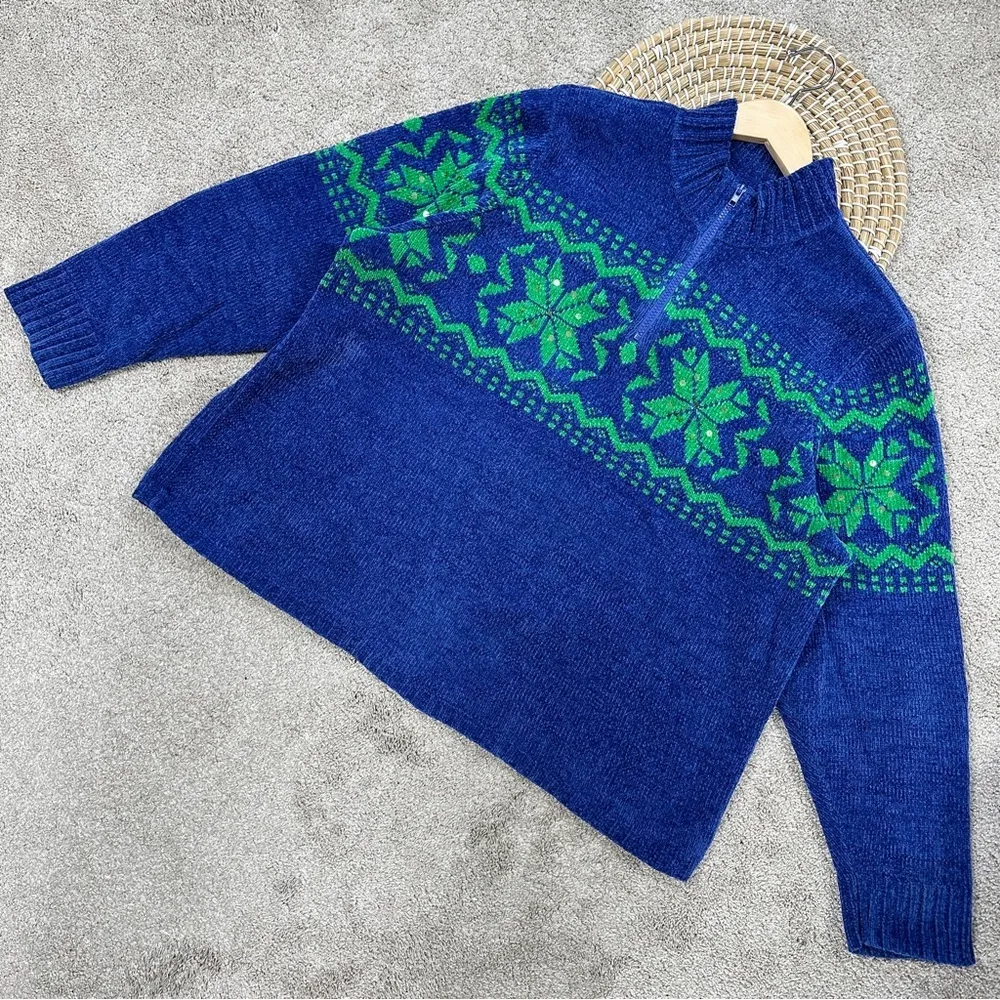 Quacker Factory 1/4 Zip Pullover Sweater Sequins Snowflake Winter Blue Green XL - Image 2