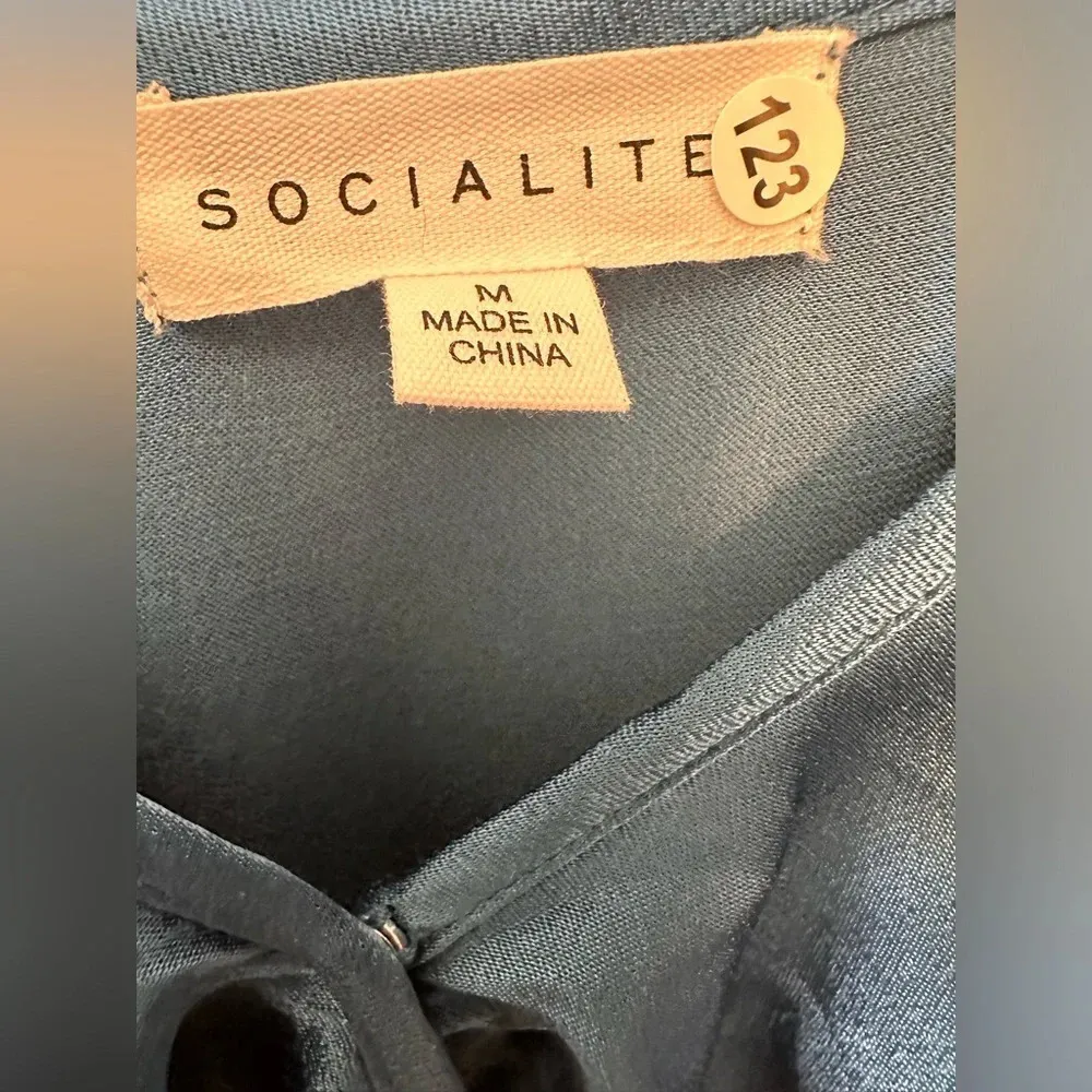 Socialite Blue Satin Ruffle Faux Wrap Dress - Image 6