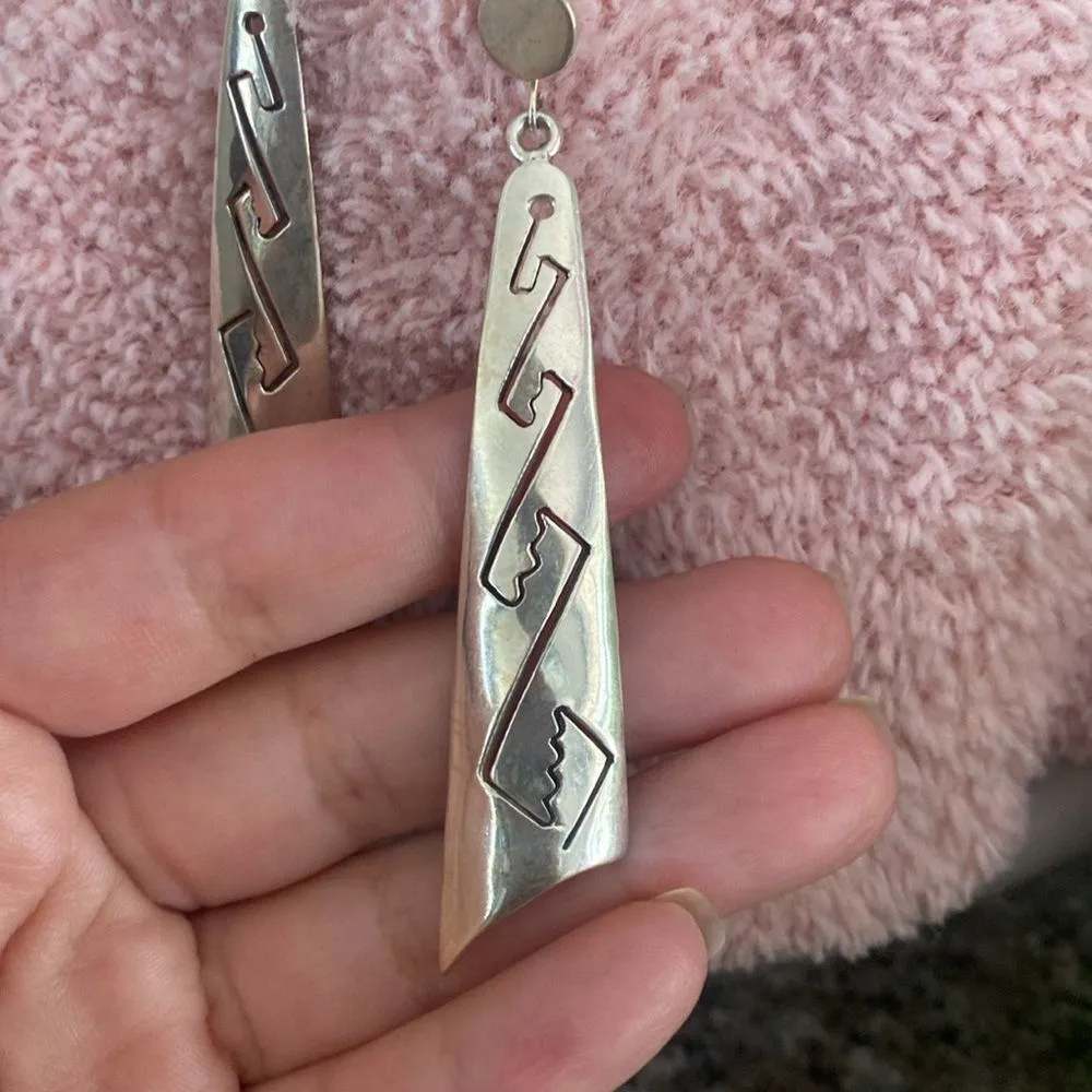 Vintage Sterling Silver 925 Mexico Geometric Tribal Boho Long Hanging Earrings - Image 3