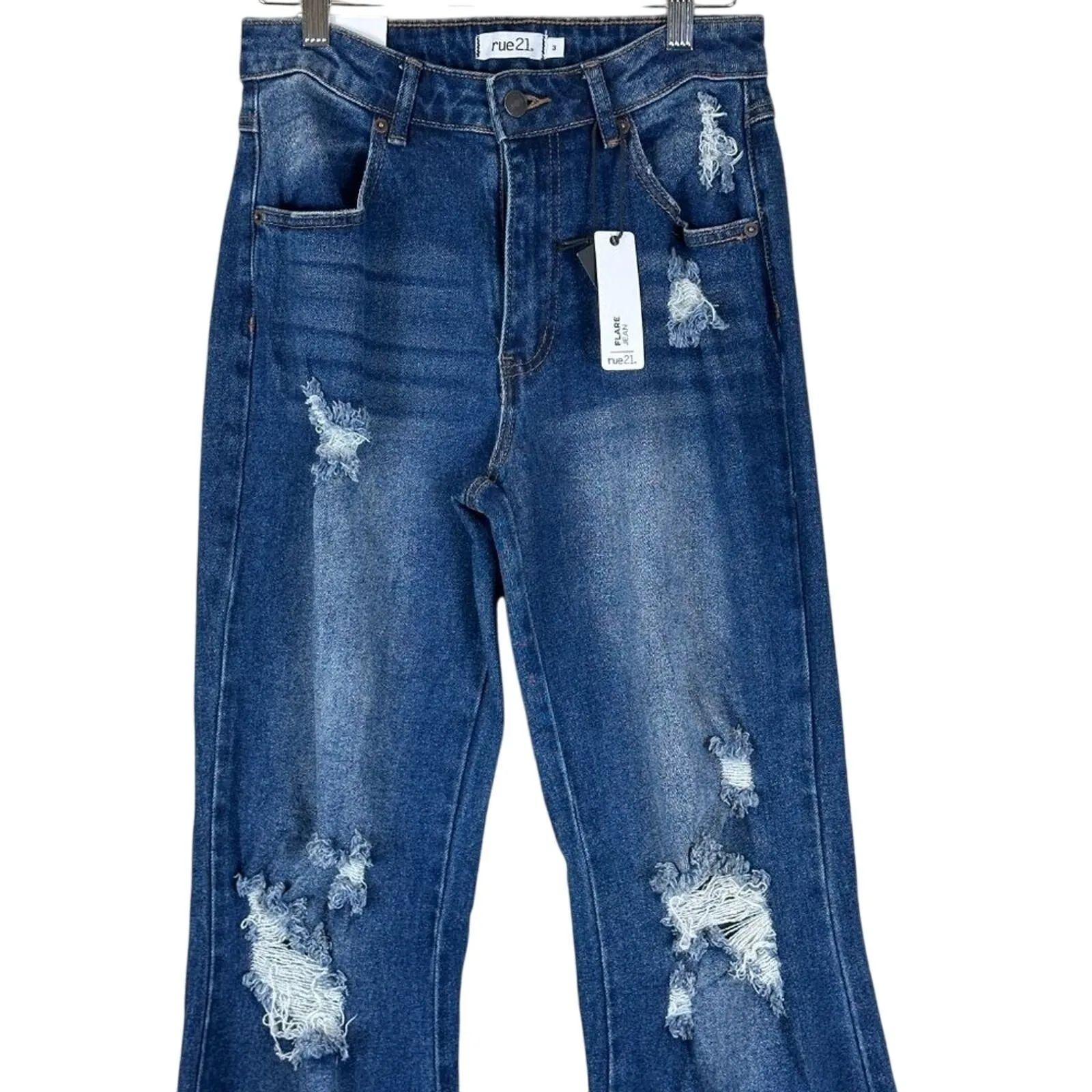 NWT Rue21 Flare Jeans Juniors 3 Dark Wash Distressed Stretch Retro 90s Skater - Image 3