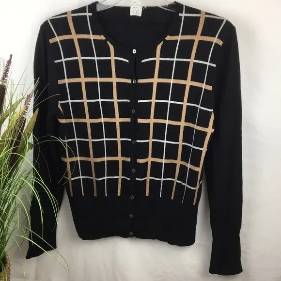 TSE Black & Brown Plaid Print Button Up Cardigan Sweater L - Image 2