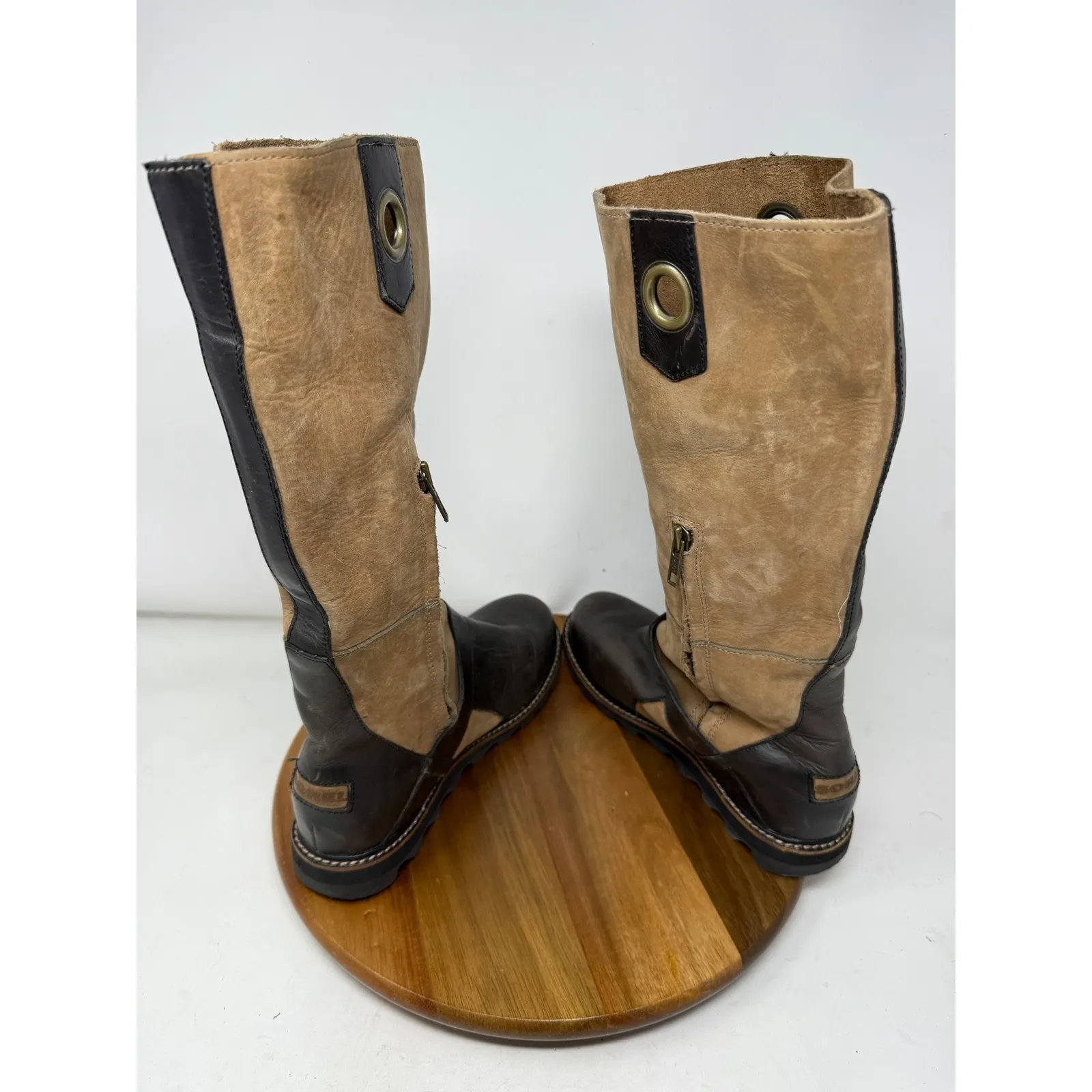 Sorel Womens‎ Tall Riding Boots 7 US 38.5 EU Brown Beige Leather Suede Side Zip - Image 6