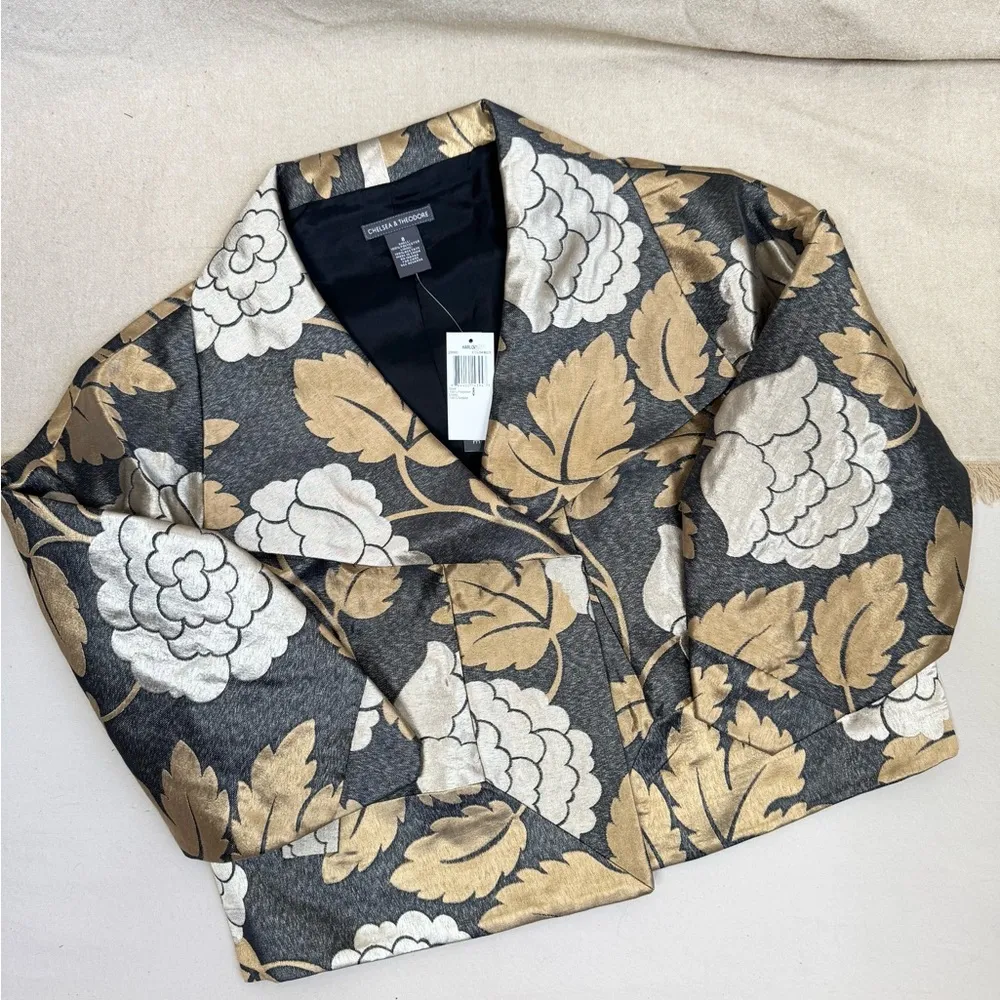 CHELSEA & THEODORE Harlow Jacket Size 6 Black Floral Cropped Metallic 3/4 sleeve - Image 11