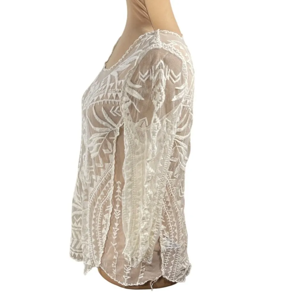 Xhilaration Sheer Lace Tip Scoop Neck Long Sleeve XS Extra Small Cream - Image 2