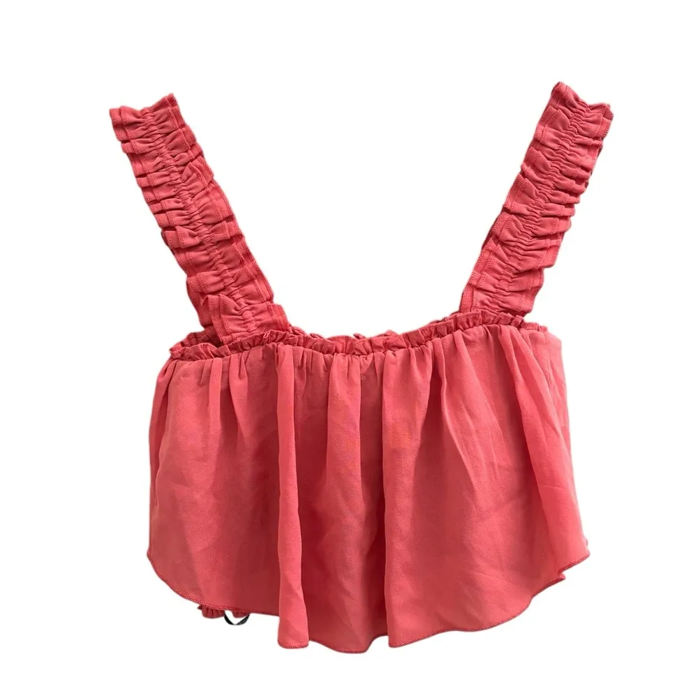 Coral smocked Ruffle shirred tank crop top square neck - Image 4