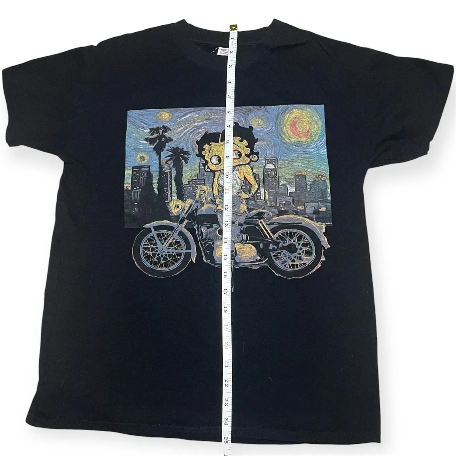 Betty Boop Starry Night Motorcycle Graphic Tee Black Retro Art Shirt Size Medium - Image 4