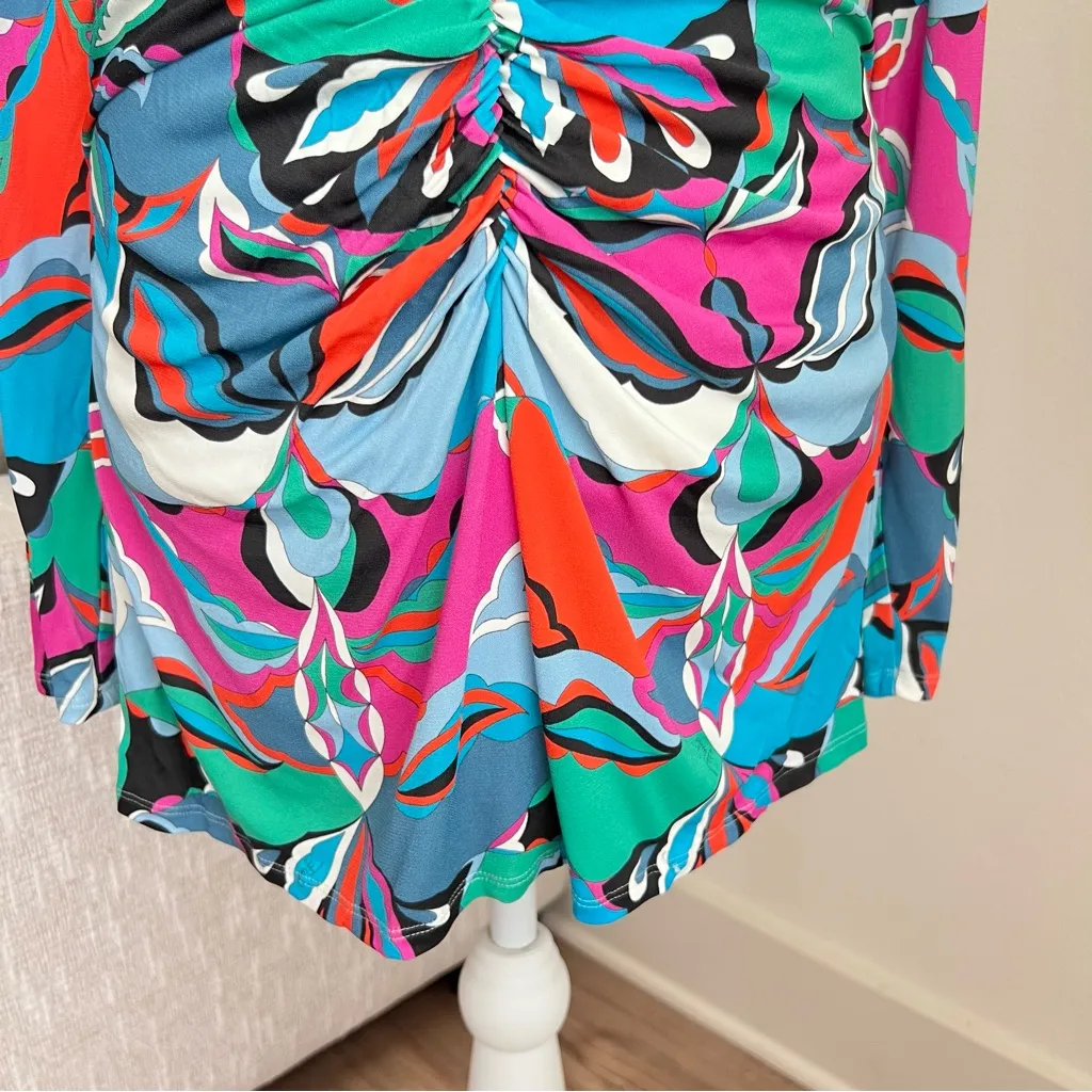 Emilio Pucci Colorful Silk Blend V-Neck Long Sleeve Ruched Women's Top - Image 6