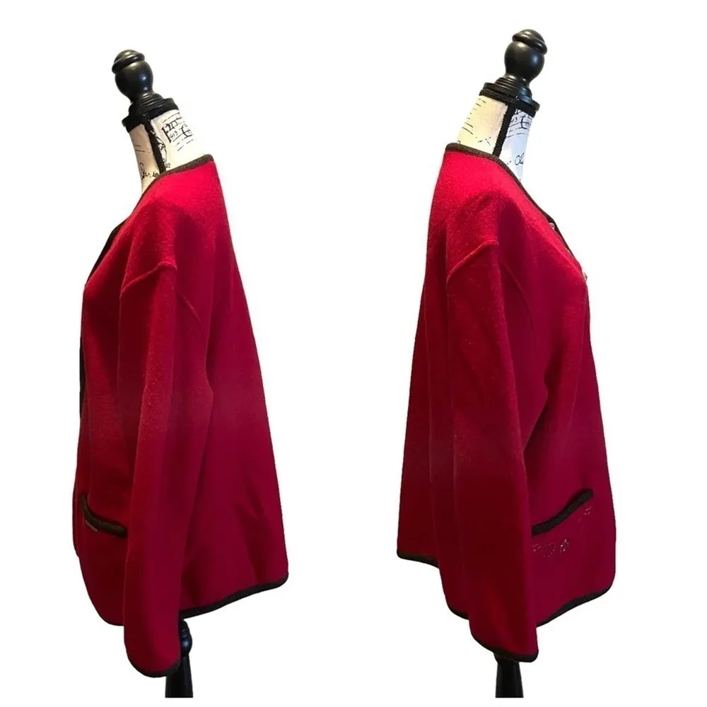 GEIGER of Austria Wool Sweater Jacket Cardigan Ruby Red Size Large Hearts Stars - Image 3