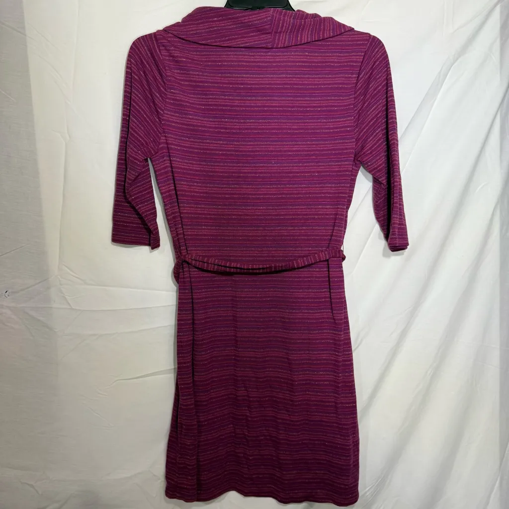 Sonoma Women's Magenta Striped Long Sleeve Dress Cowl Neck and Belted, Size Lg - Image 2