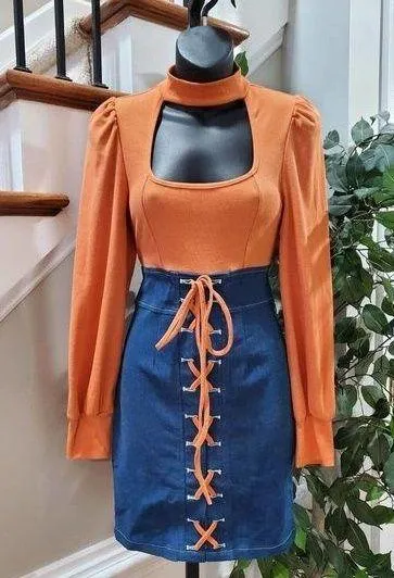 Miss 8 Women's Brown & Blue Cotton Mock Neck Long Sleeve Knee Length Dress S - Image 1