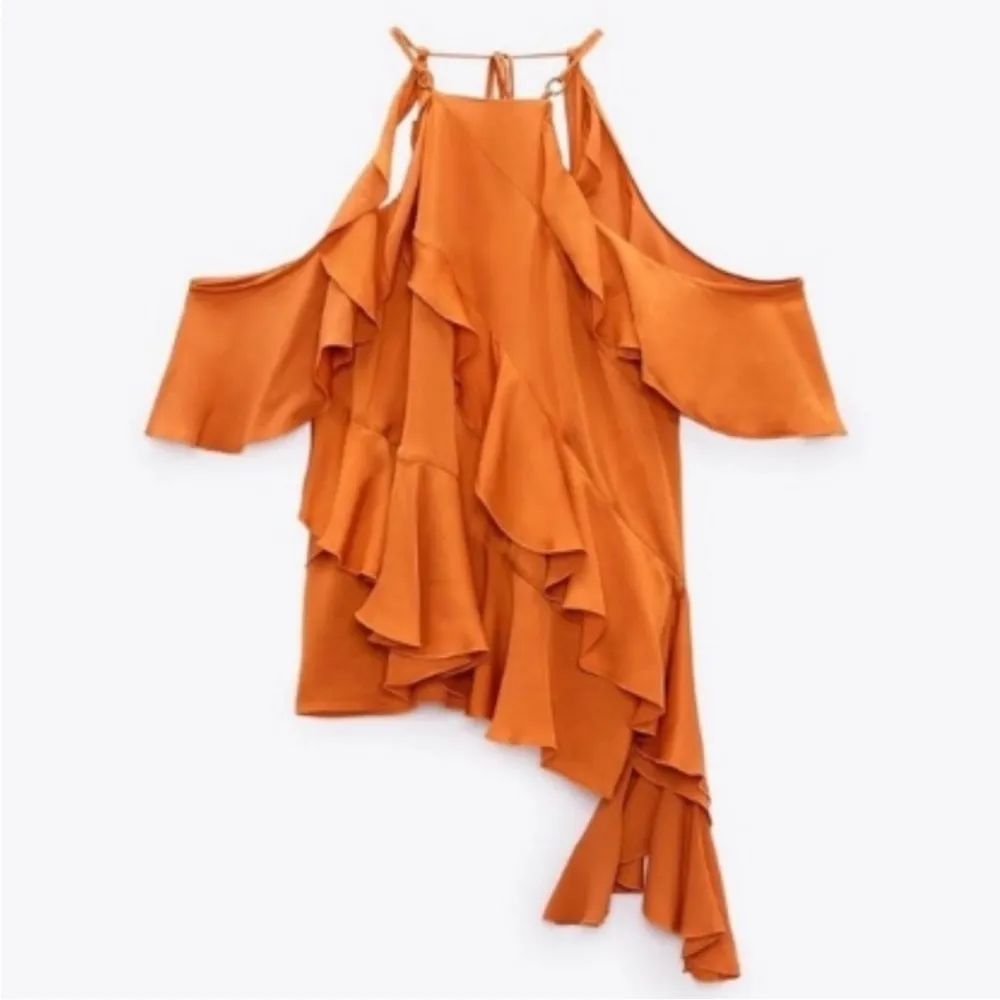 NEW Zara Orange Satin Ruffle Draped Off Shoulder Tank Top Blouse Small - Image 6