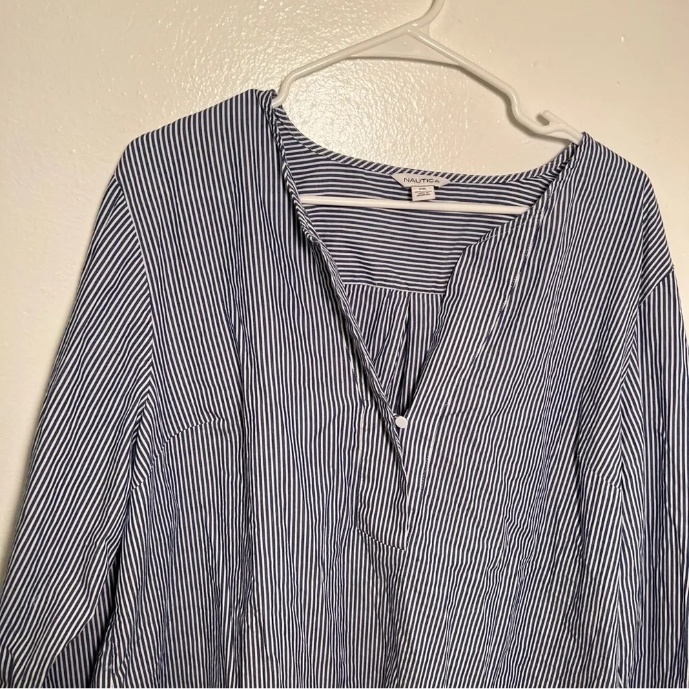 Nautica Split Neck Tunic Top Blue White Stripes - Image 3