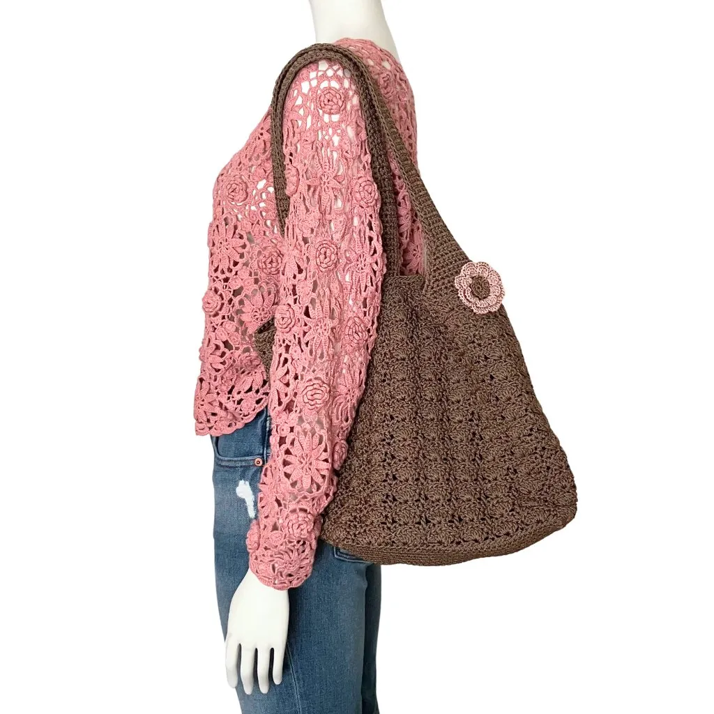 Y2K Brown Tan Knit Crochet Pink Flower Pin Large Shoulder Bag Tote Girlhoodcore - Image 2
