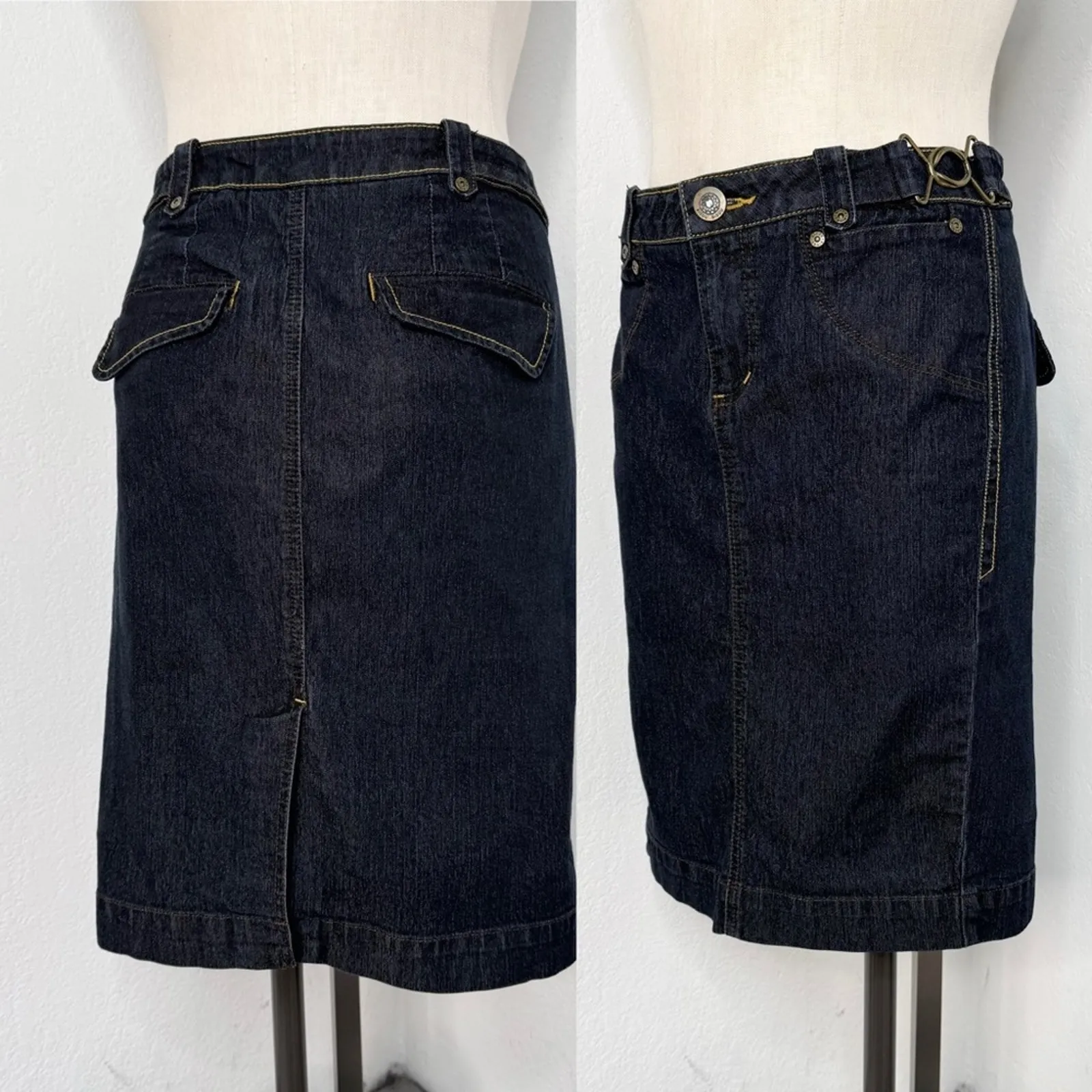 Y2K Dark Wash Denim Pencil Skirt Back Flap Pockets Size 10 - Image 2