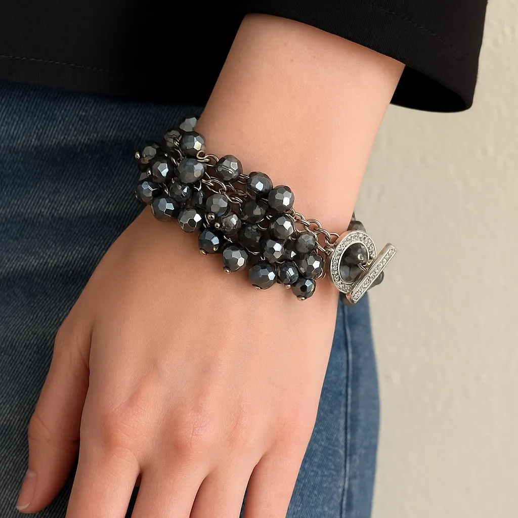 Premier Designs Silver Beaded Bracelet Gray Crystal Multi Strand Toggle Clasp - Image 1