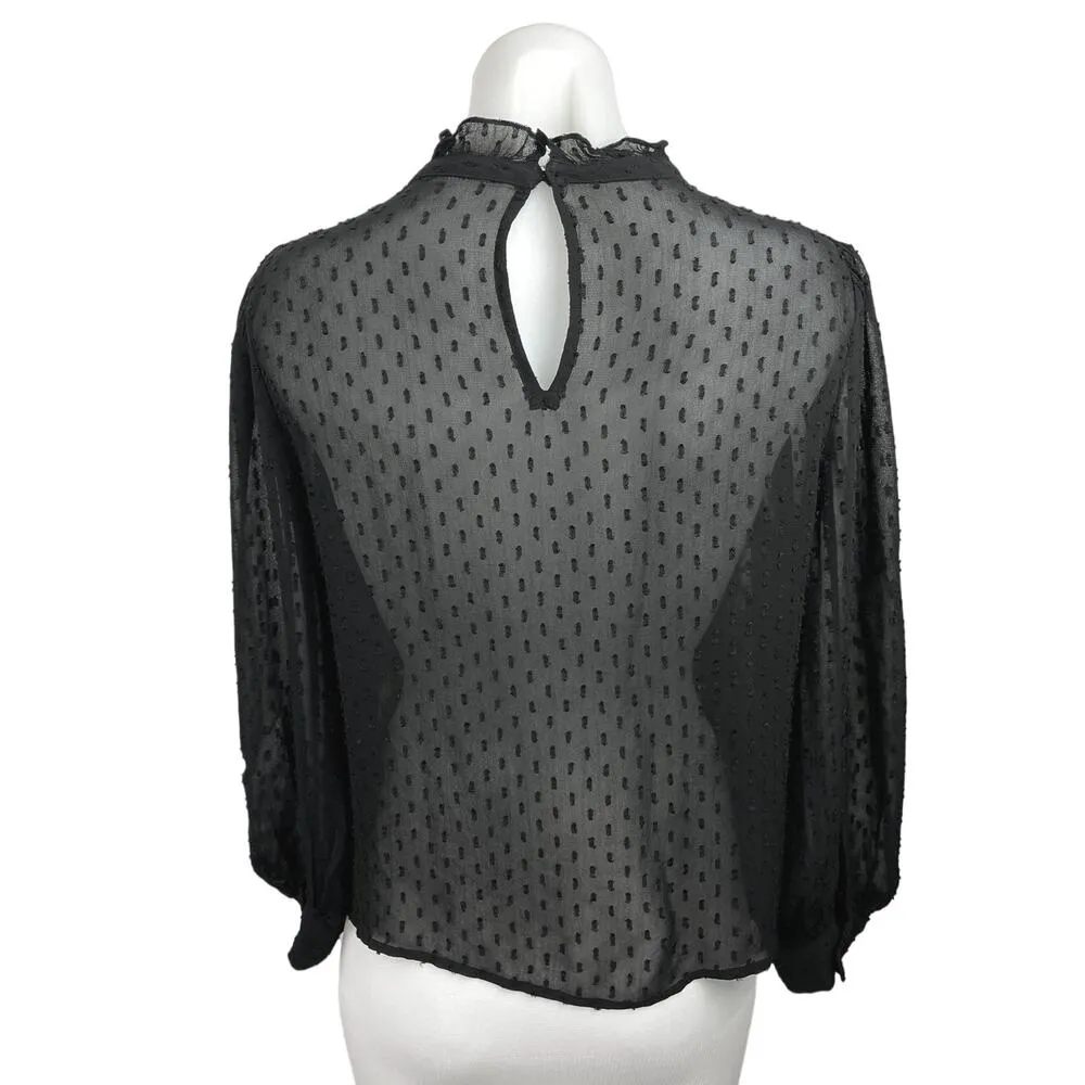 Zara Maureen Black Swiss Dot Ruffled High Neck Long Sleeves Sheer Blouse Top S - Image 2