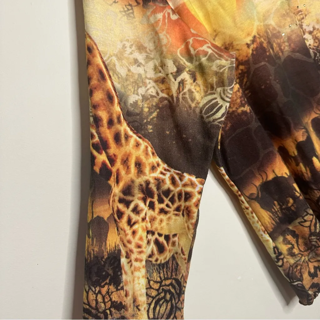 Impulse California Giraffe Lettuce Trim Long Sleeve Top Savanna Wildlife Animals Brown Size 2X - Image 2