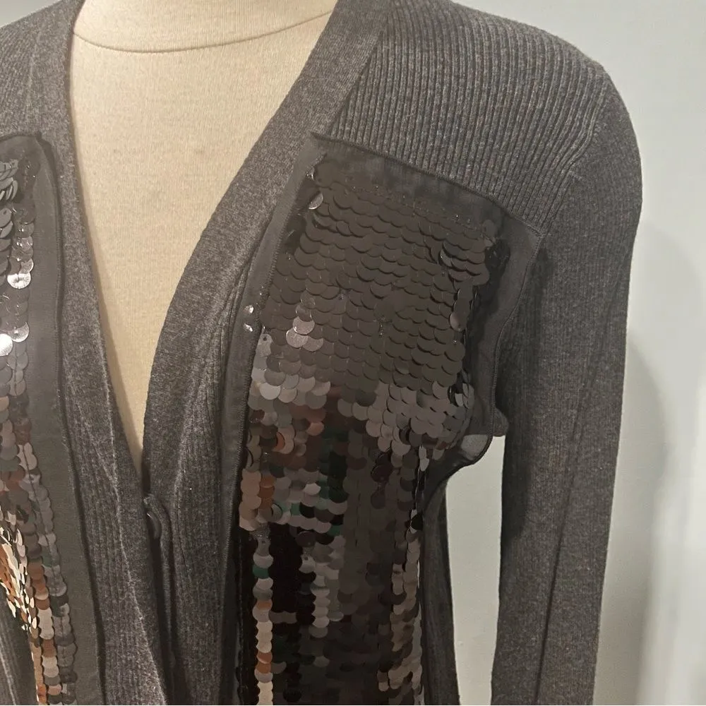 Simply Vera Vera Wang Grey Knit Black Sequin FrontV Neck Cardigan Size Medium - Image 2