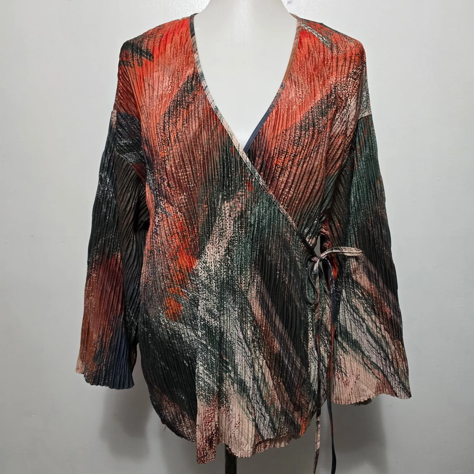 ZARA Green & Orange Abstract Print Plisse Pleated Wrap Blouse Top Women Size S - Image 2