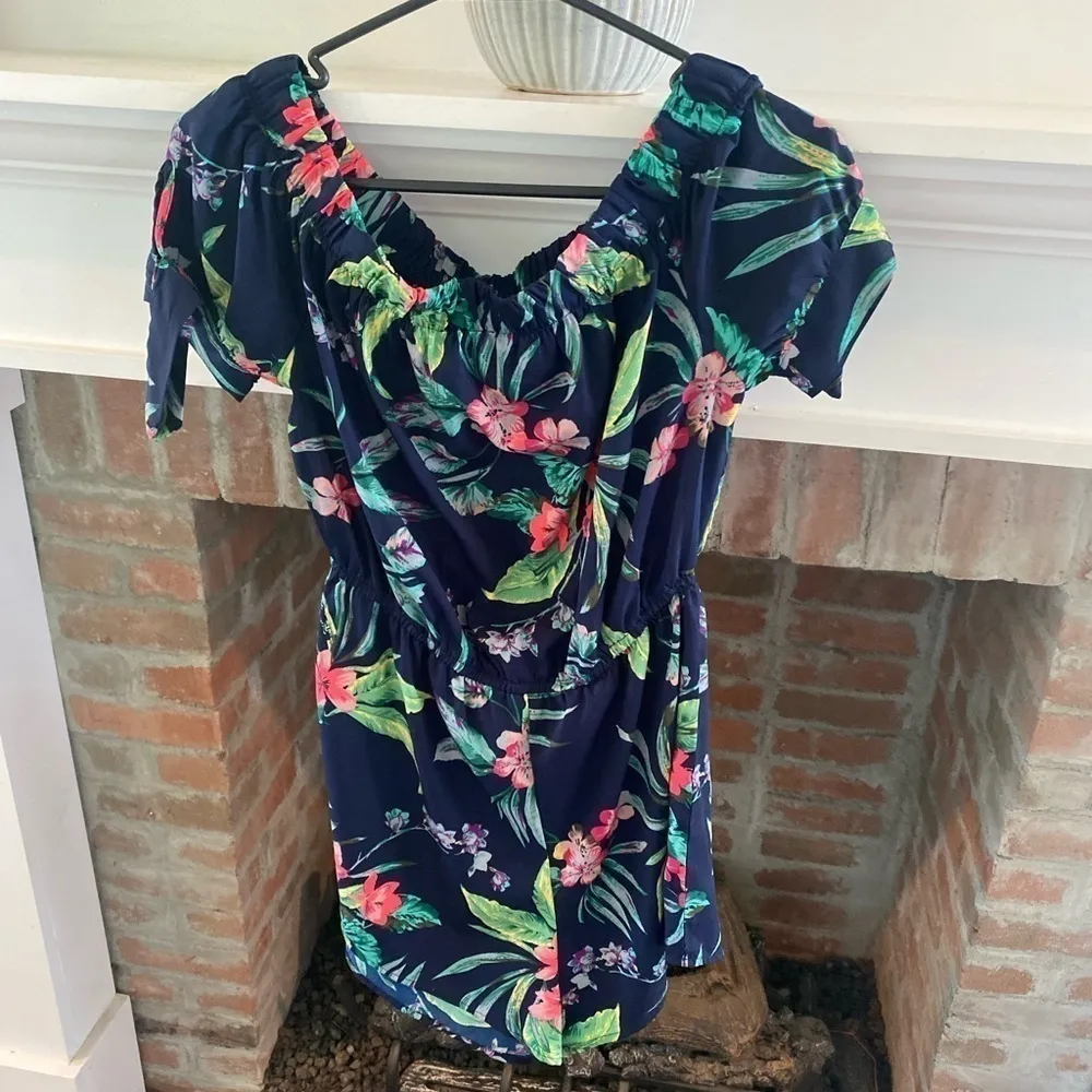 Blush  Off The Shoulder Blue Floral Romper size Medium - Image 2