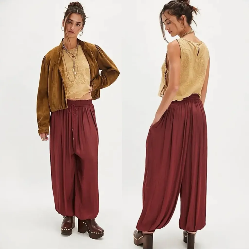 Free People Billowy Bohemian Silky Sleepover Crush Balloon Genie Harem Pants XL - Image 3