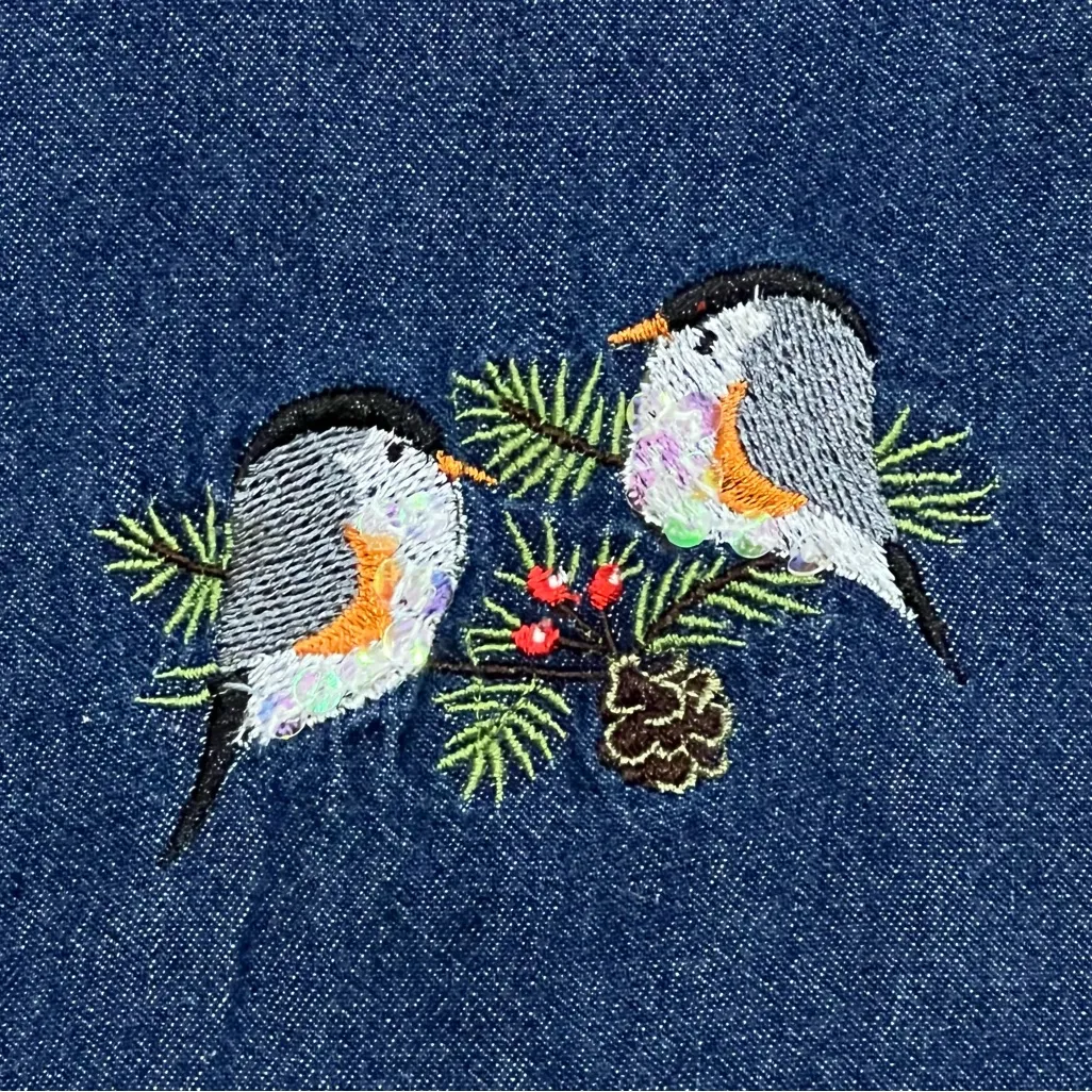 Company One Denim Shirt With Embroidered Cardinals, Holly, & Chickadees Size 1X Blue - Image 5